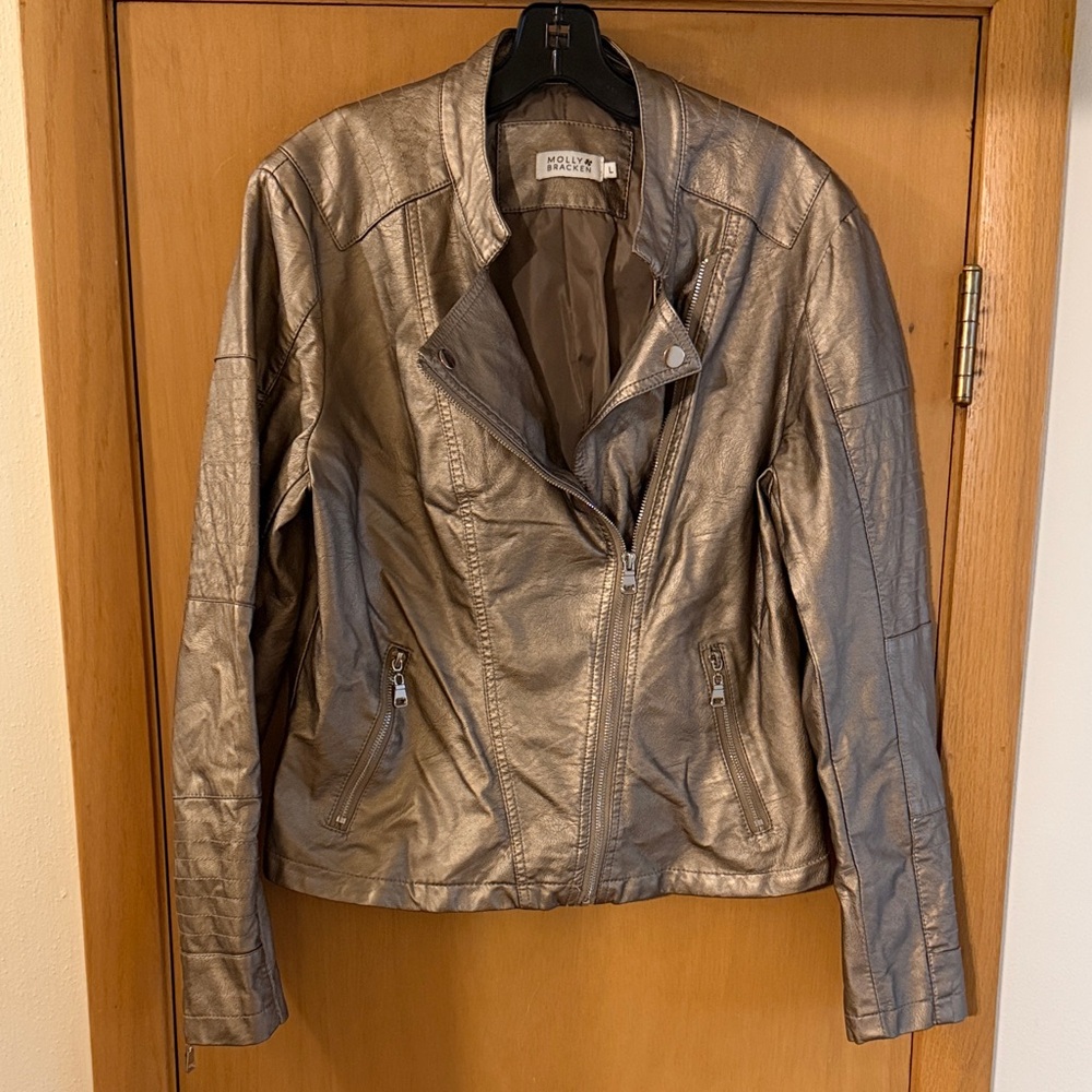 Molly Bracken Women’s Moto Metallic Faux Leather Jacket Pewter Gold Size Large